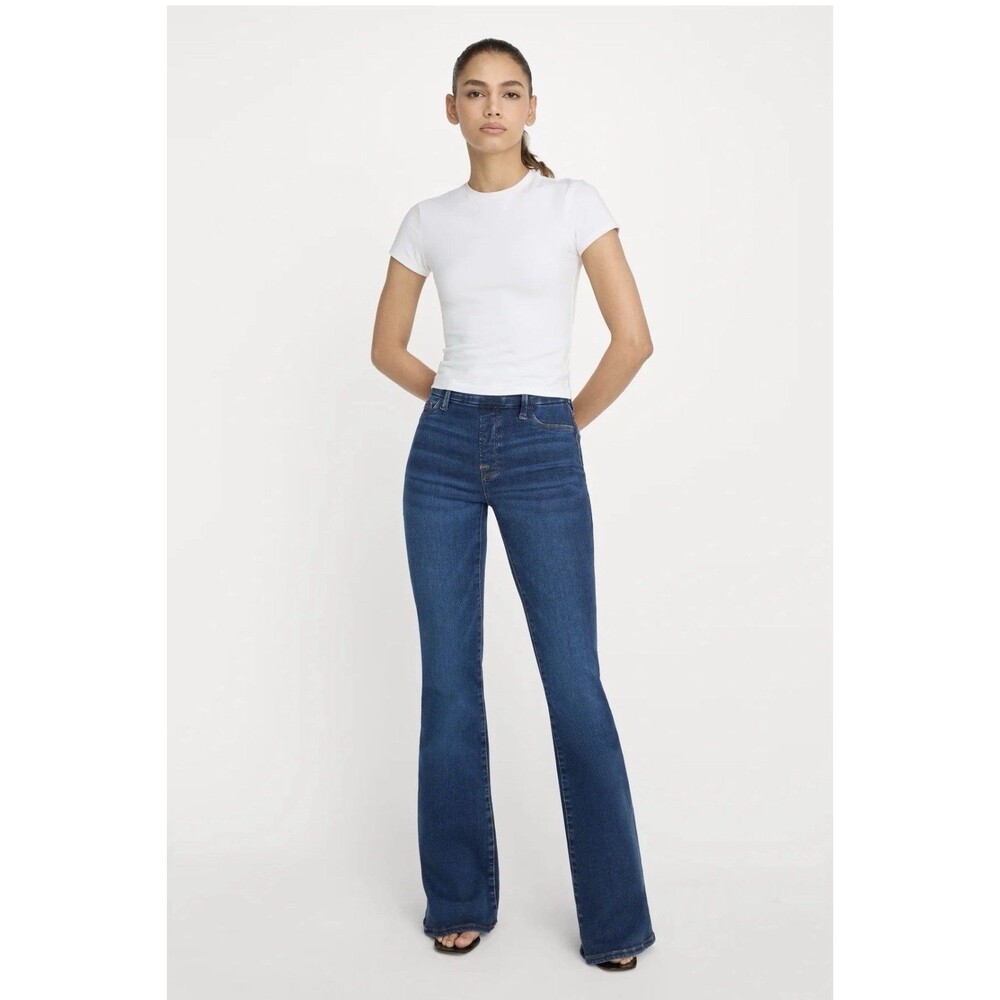 NWT Good American Power Stretch Pull-on Flare Jeans Indigo Sz L 33.5 Inseam Tall